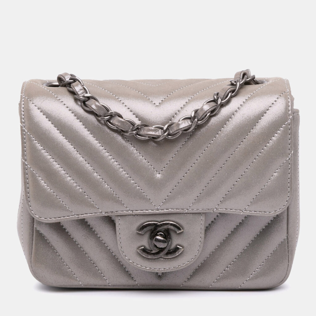 Chanel Brown Mini Square Classic Chevron Iridescent Calfskin Single Flap Chanel Brown Mini Square Classic Chevron Iridescent Calfskin Single Flap