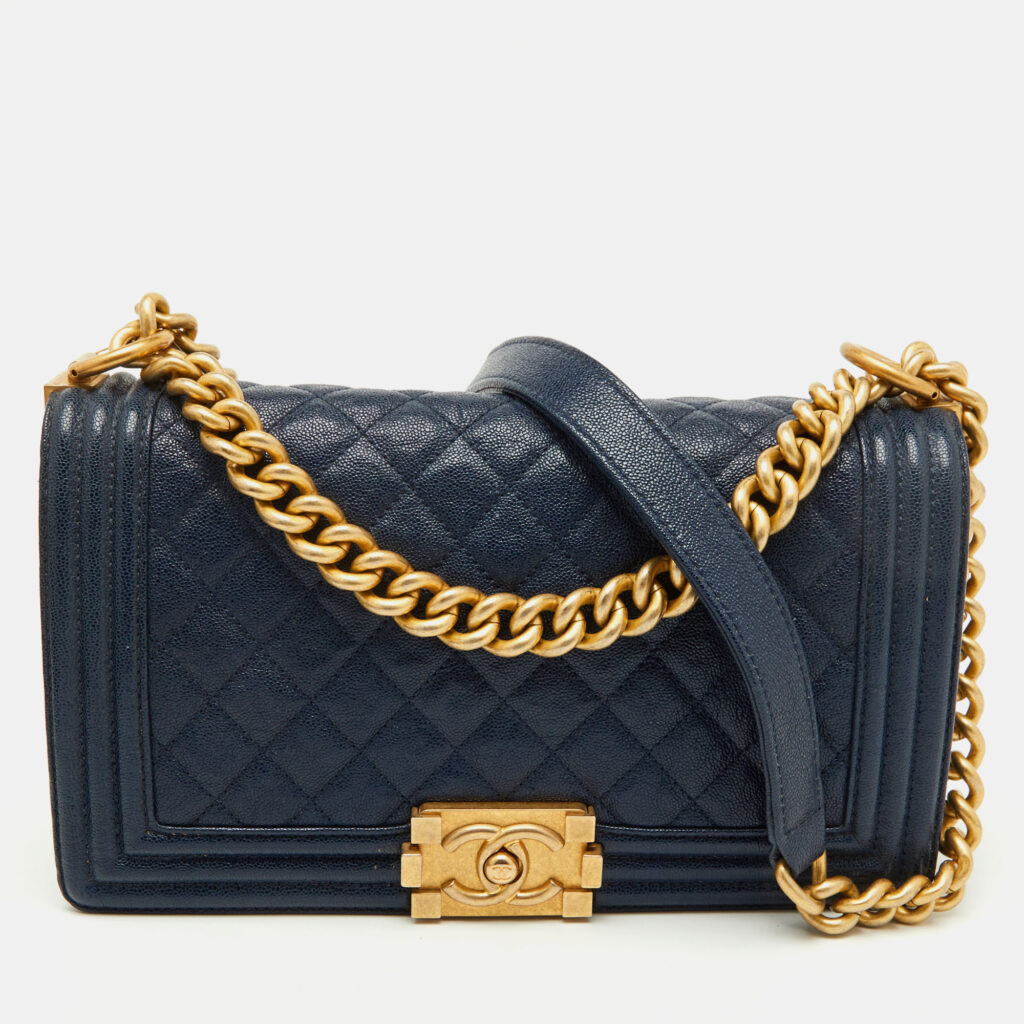 Chanel Navy Blue Quilted Caviar Leather Medium Boy Bag