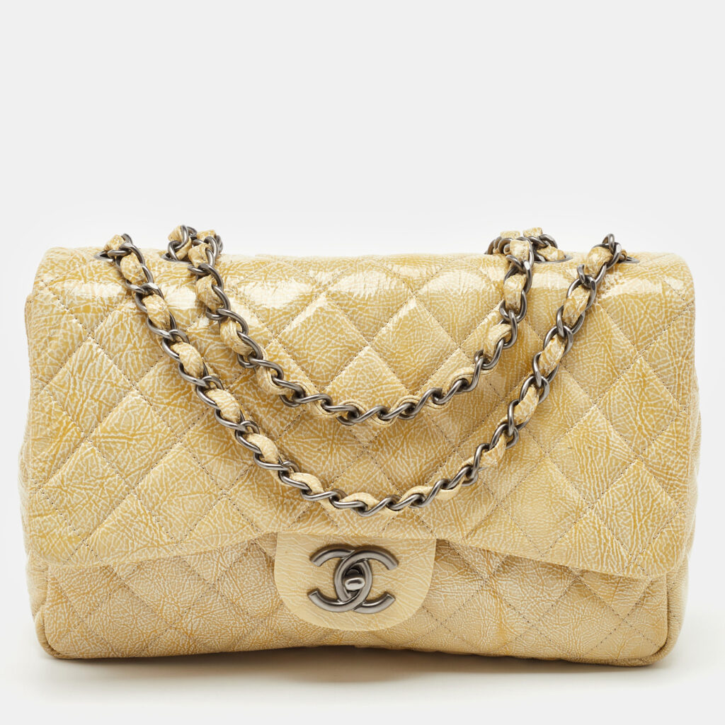 Chanel Yellow Quilted Pattern Patent Leather Jumbo Classic Single Flap Bag
