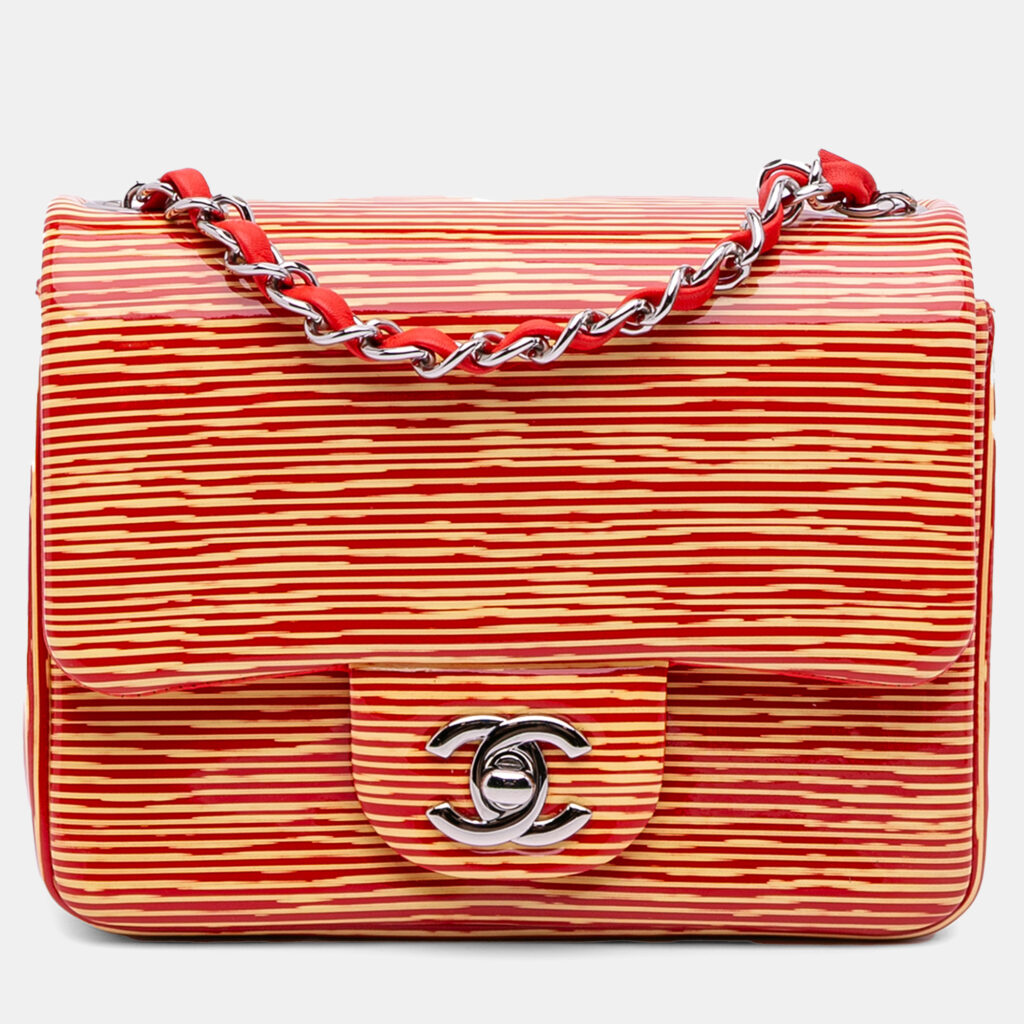 Chanel Orange/Red Mini Square Classic Patent Striped Single Flap Bag