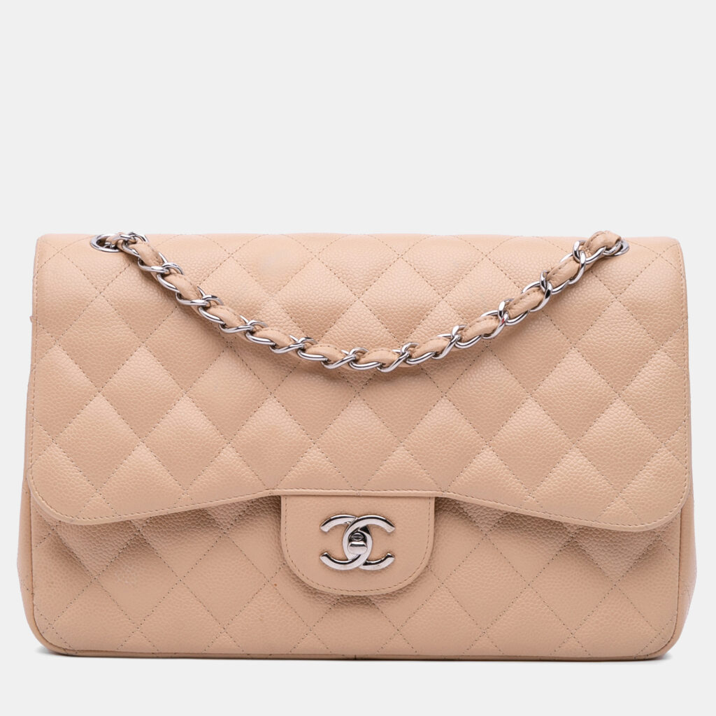 Chanel Beige Jumbo Classic Caviar Double Flap Bag