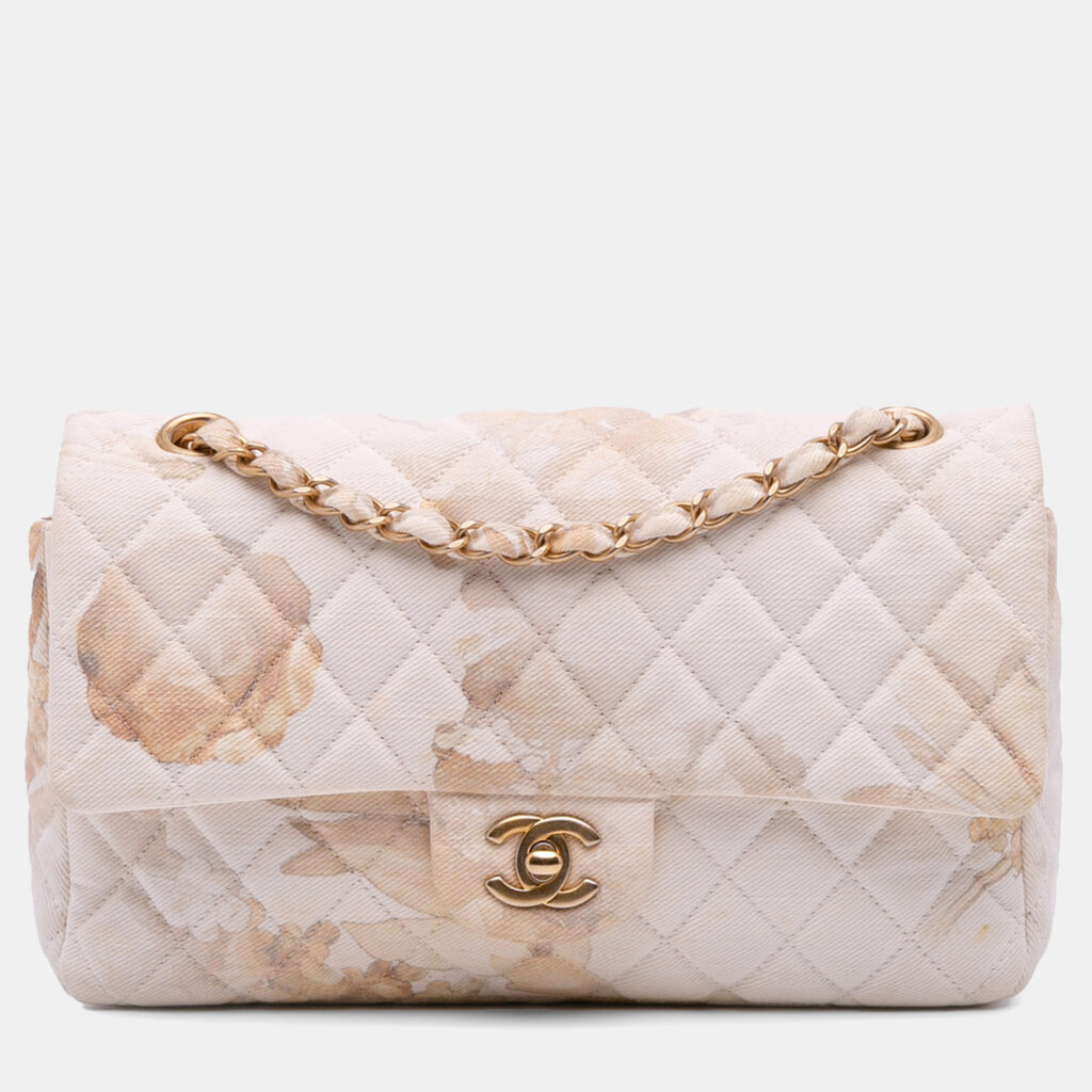 Chanel White Medium Classic Printed Denim Floral Double Flap