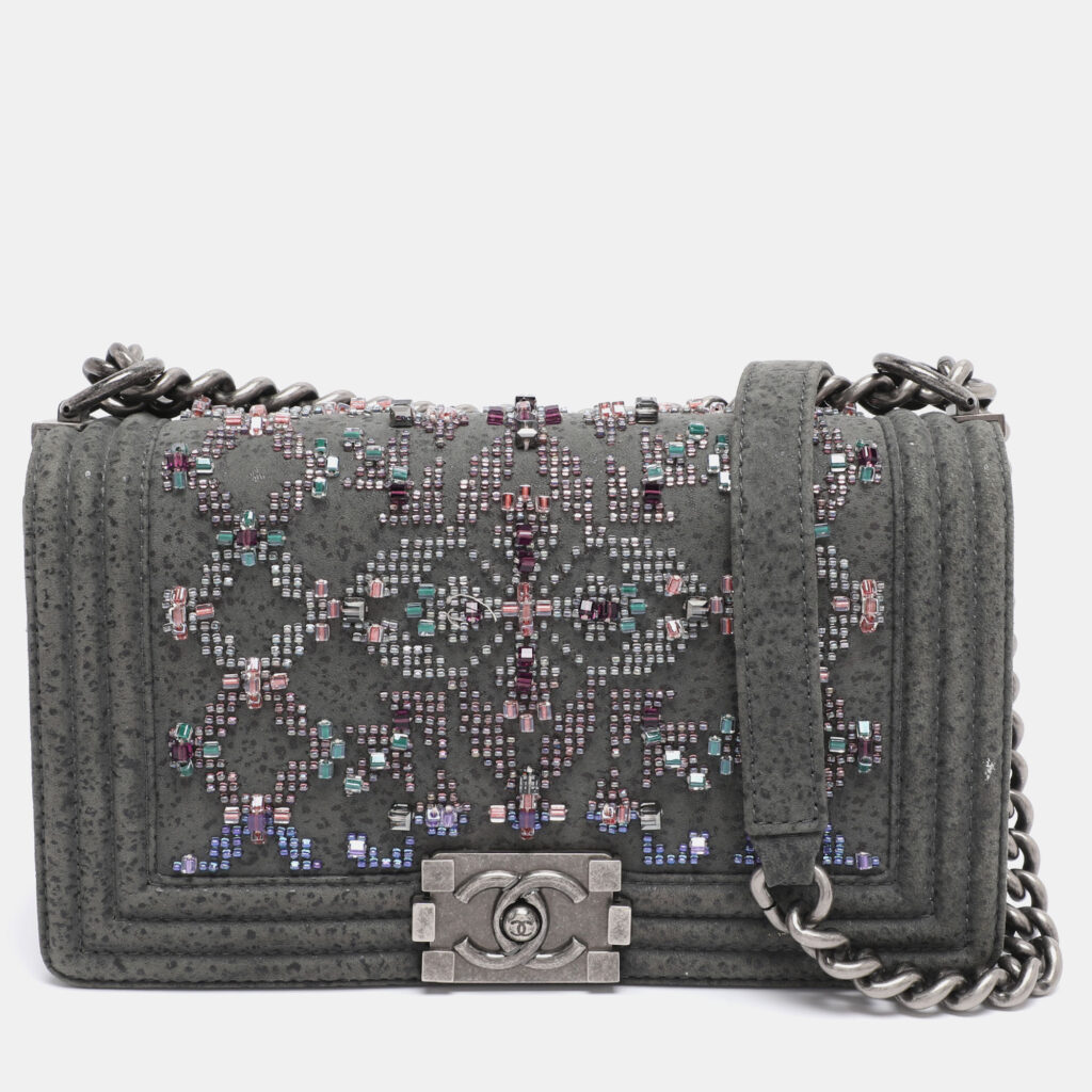 Chanel Grey Textured Suede Beads Embellishment Medium Boy Flap Bag