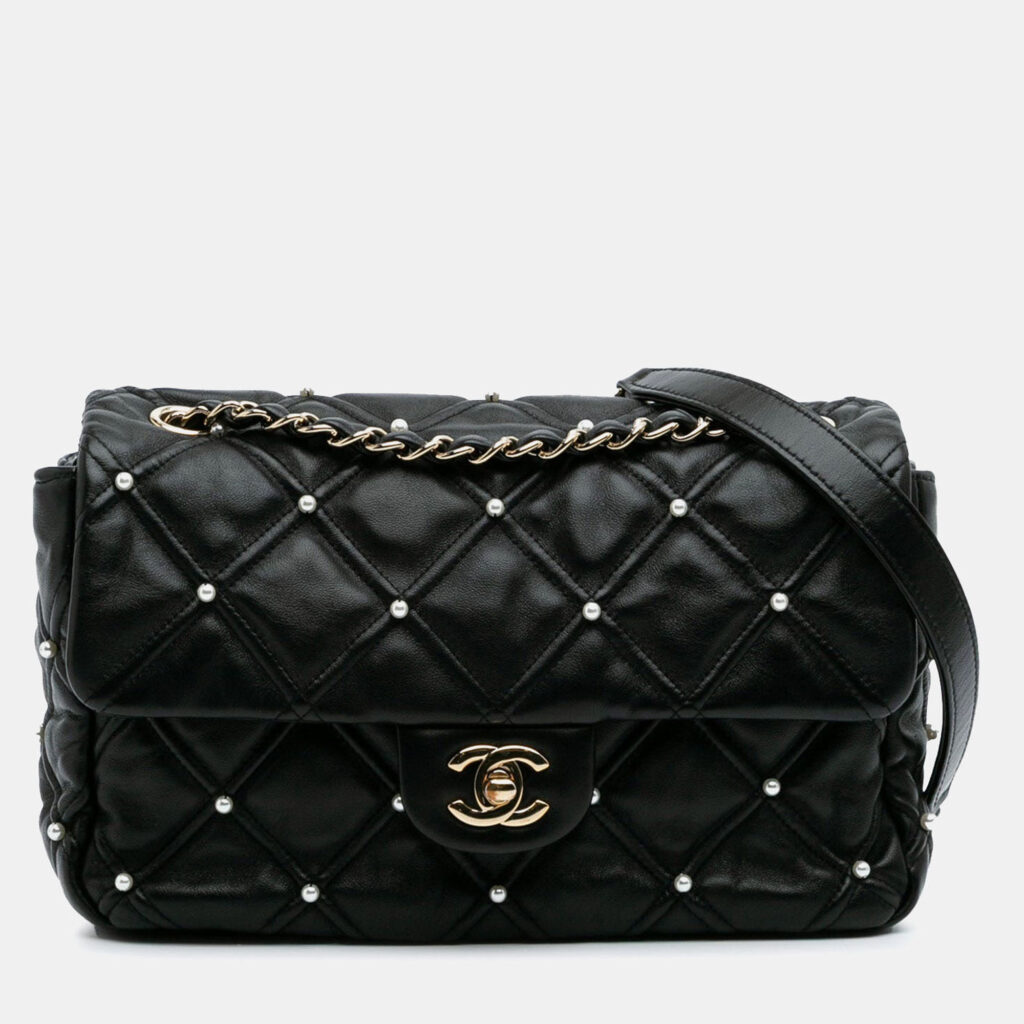 Chanel Medium Pearl Studs Flap Black Quilted Lambskin Shoulder Bag Chanel Medium Pearl Studs Flap Black Quilted Lambskin Shoulder Bag