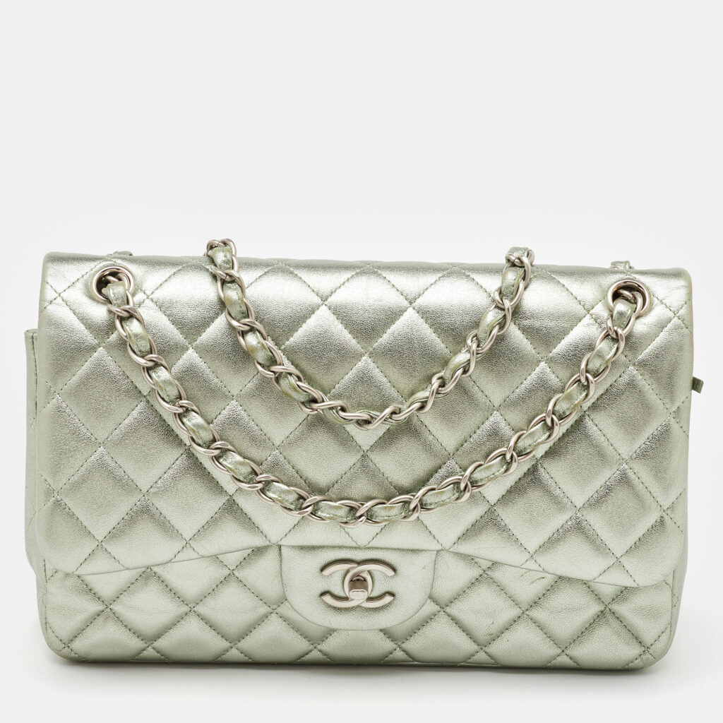 luxury-women-chanel-used-handbags-p1191775-007-1.jpg Chanel Metallic Mint Green Quilted Leather Jumbo Classic Double Flap Bag