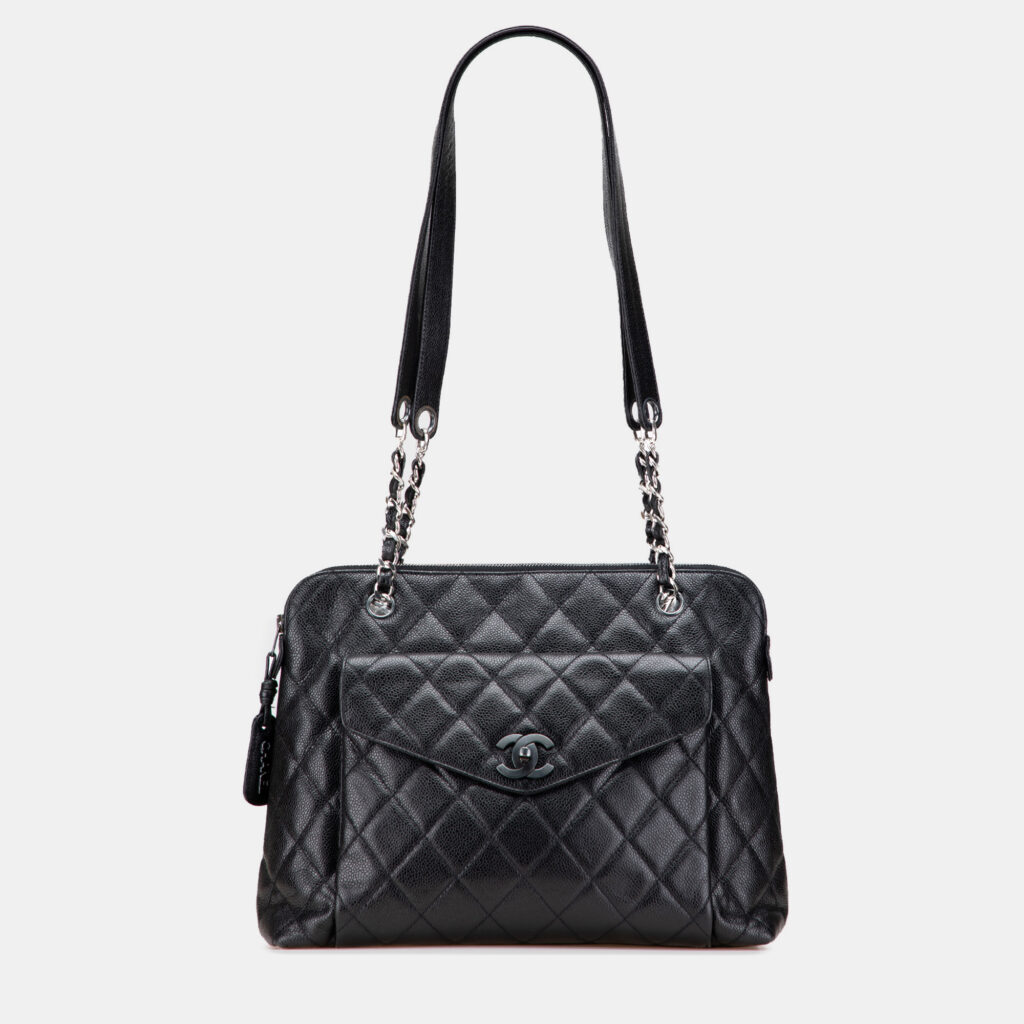 Chanel Black CC Quilted Caviar Front Pocket Shoulder Bag