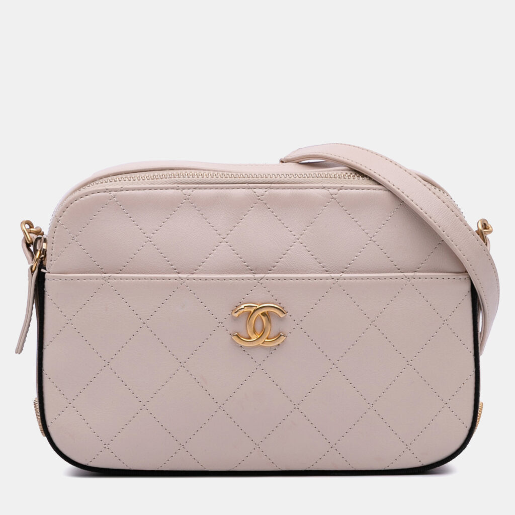 Chanel Pink Calfskin Grosgrain Stitched Button Up Camera Case
