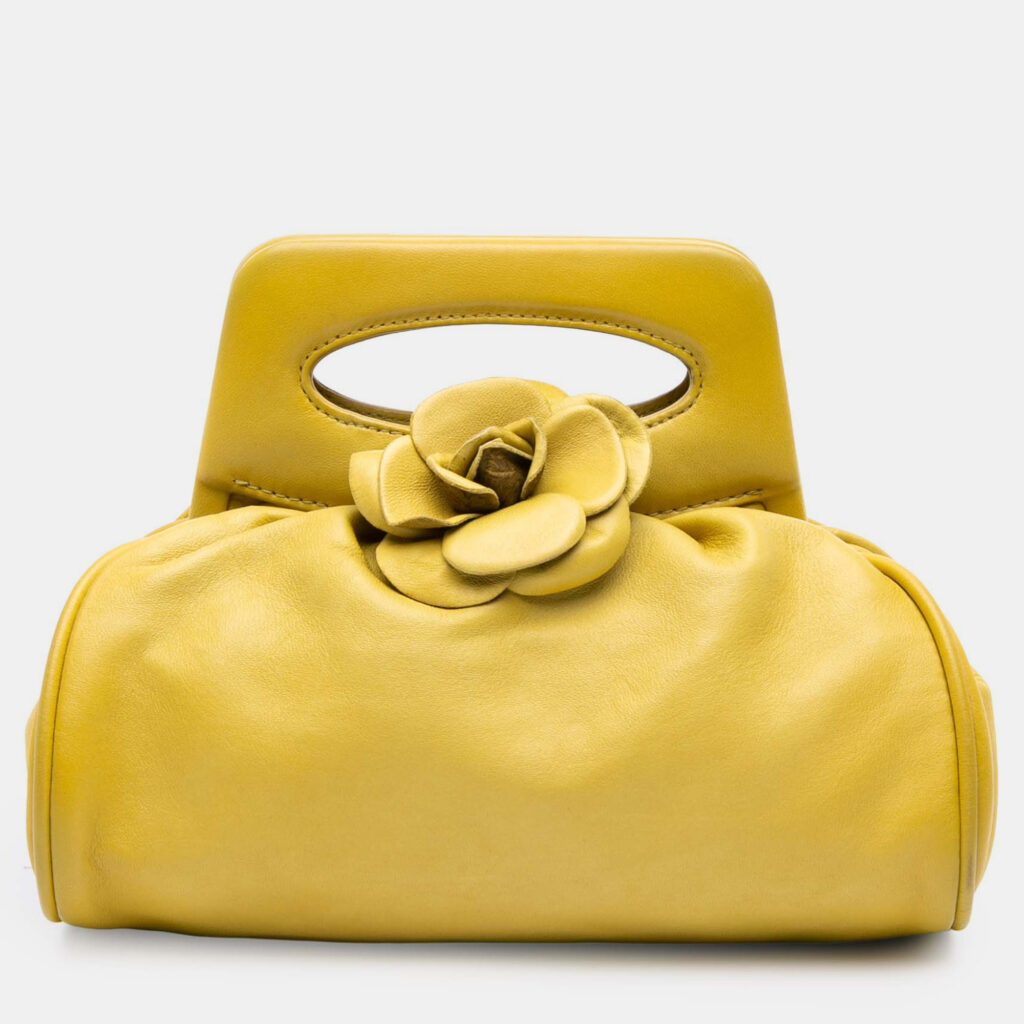 Chanel Yellow Lambskin Camellia Frame Clutch