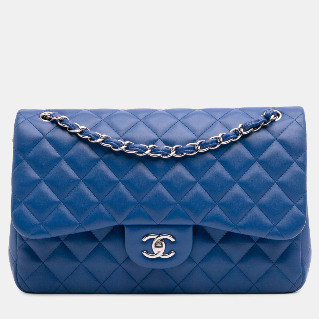 Chanel Classic Jumbo Double Flap Blue Lambskin Leather Shoulder Bag Chanel Classic Jumbo Double Flap Blue Lambskin Leather Shoulder Bag