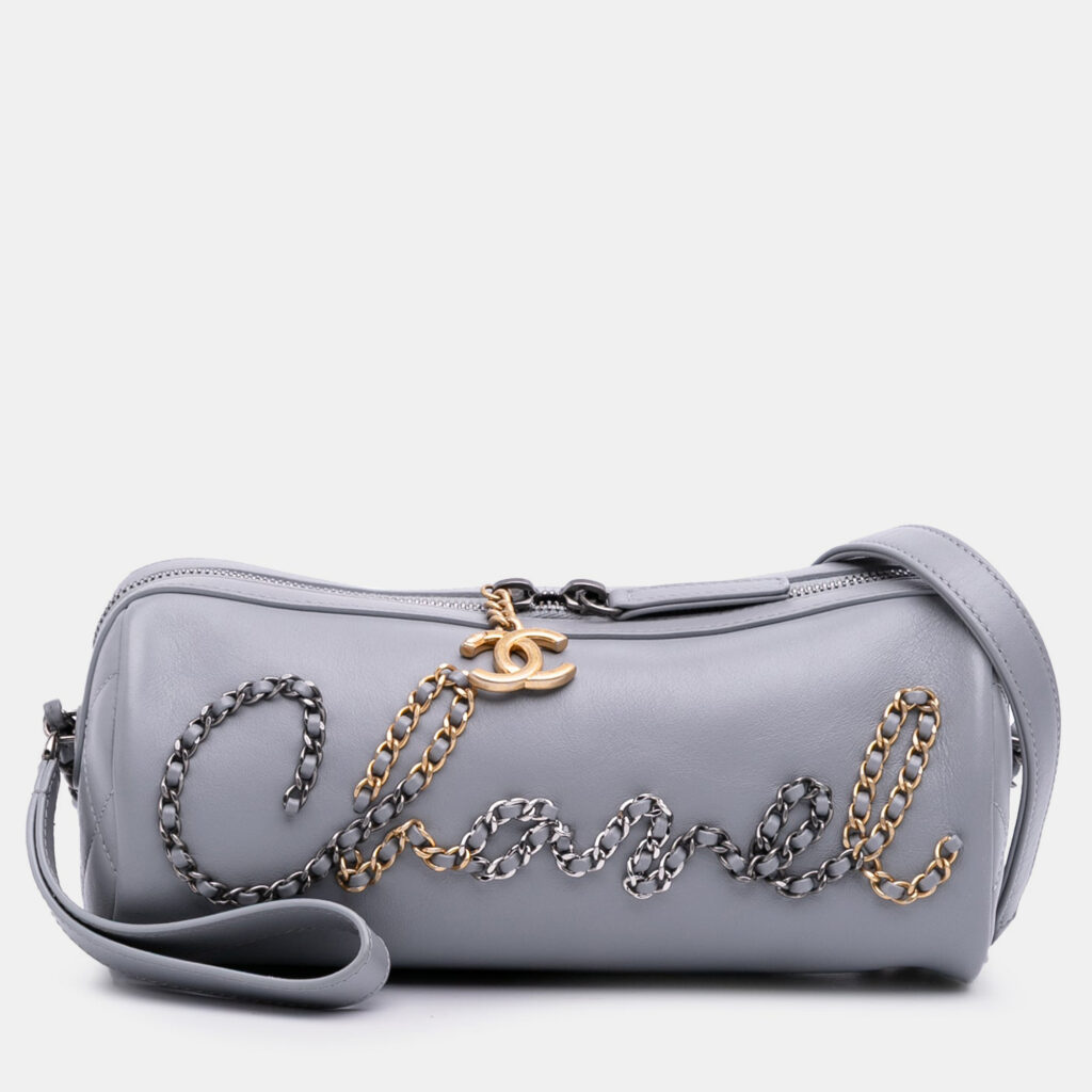 Chanel 20s Bowling Gray Calfskin Leather Shoulder Bag Chanel 20s Bowling Gray Calfskin Leather Shoulder Bag