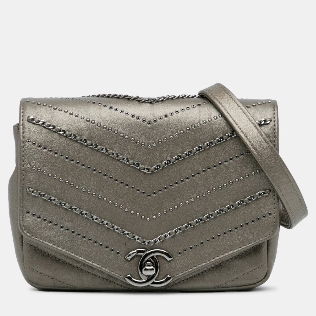 Chanel Chevron Square Envelop Flap Gray Embellished Calfskin Leather Shoulder Bag Chanel Chevron Square Envelop Flap Gray Embellished Calfskin Leather Shoulder Bag