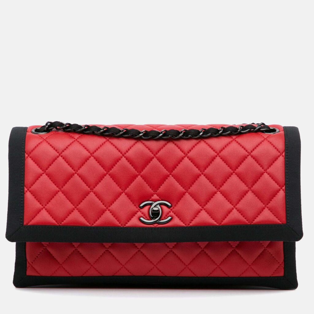 Chanel Quilted Two Tone Flap Red Lambskin and Grosgrain Leather Shoulder Bag Chanel Quilted Two Tone Flap Red Lambskin and Grosgrain Leather Shoulder Bag