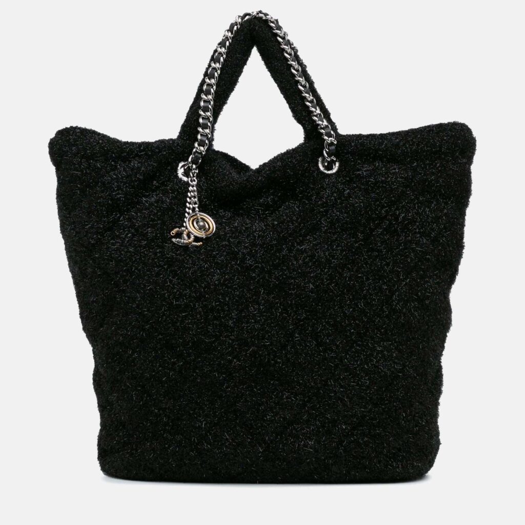 Chanel Pluto Glitter Large Black Quilted Knit Satchel Bag