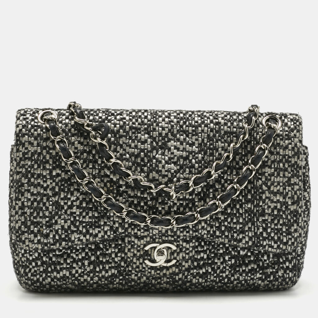 Chanel Black/Grey Quilted Tweed Jumbo Classic Double Flap Bag