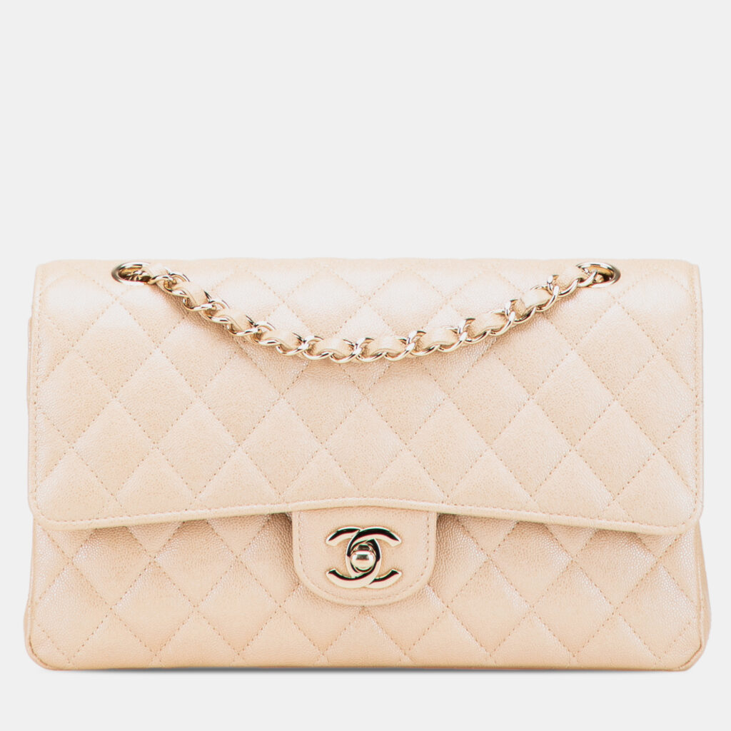 Chanel Beige Medium Classic Iridescent Caviar Double Flap Bag