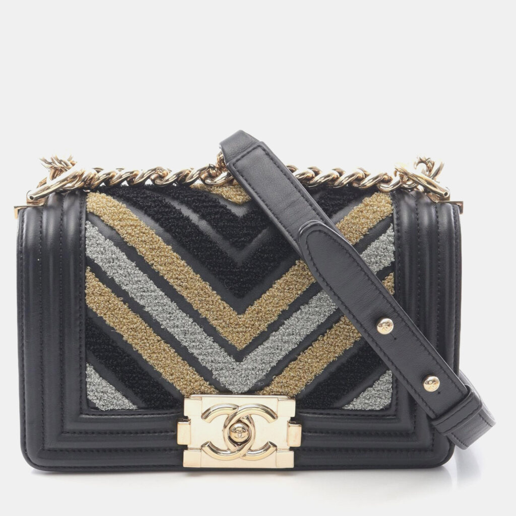 Chanel Boy Small Black Leather Fabric Shoulder Bag Chanel Boy Small Black Leather Fabric Shoulder Bag