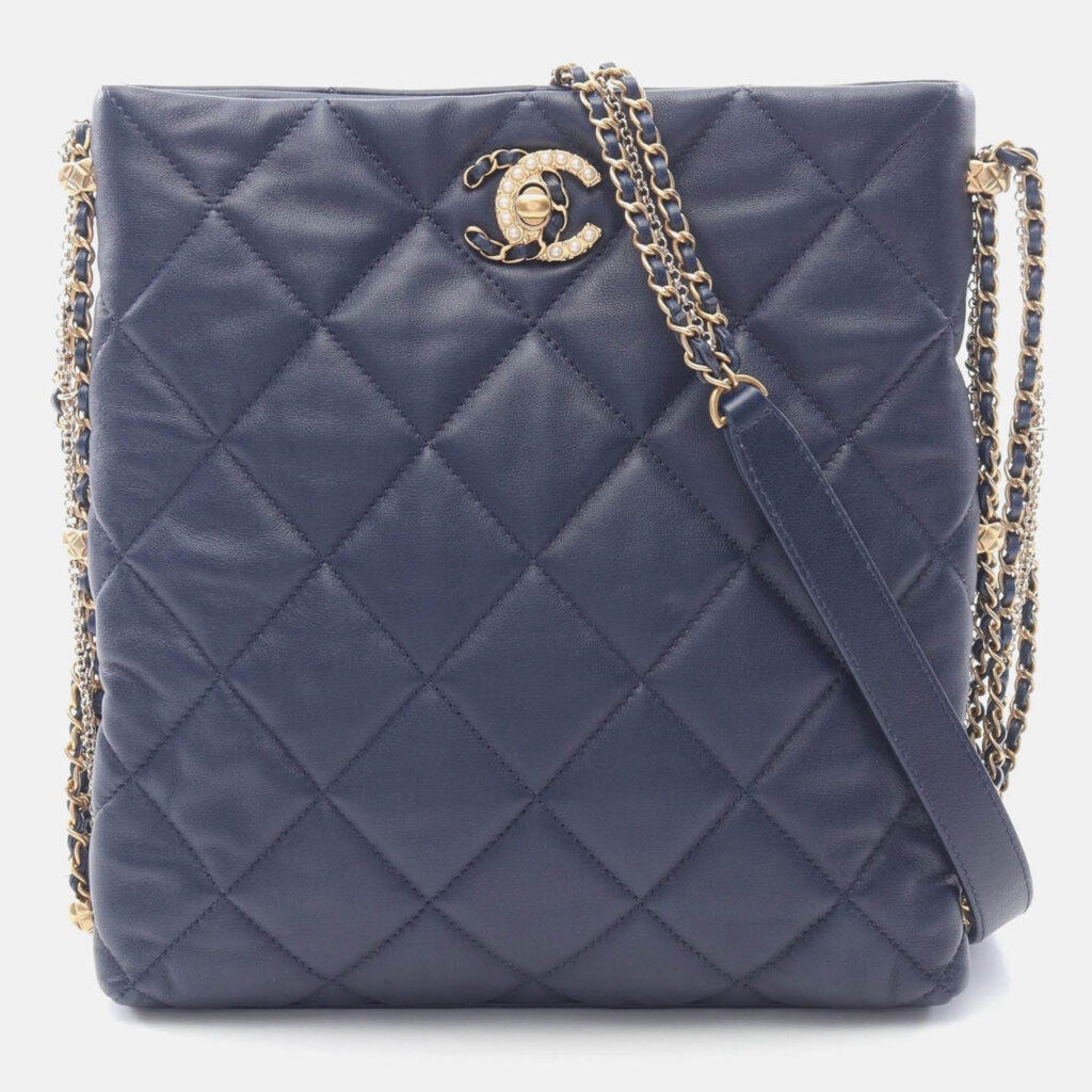 Chanel CC Pearl Multi Chain Navy Lambskin Leather Shoulder Bag Chanel CC Pearl Multi Chain Navy Lambskin Leather Shoulder Bag