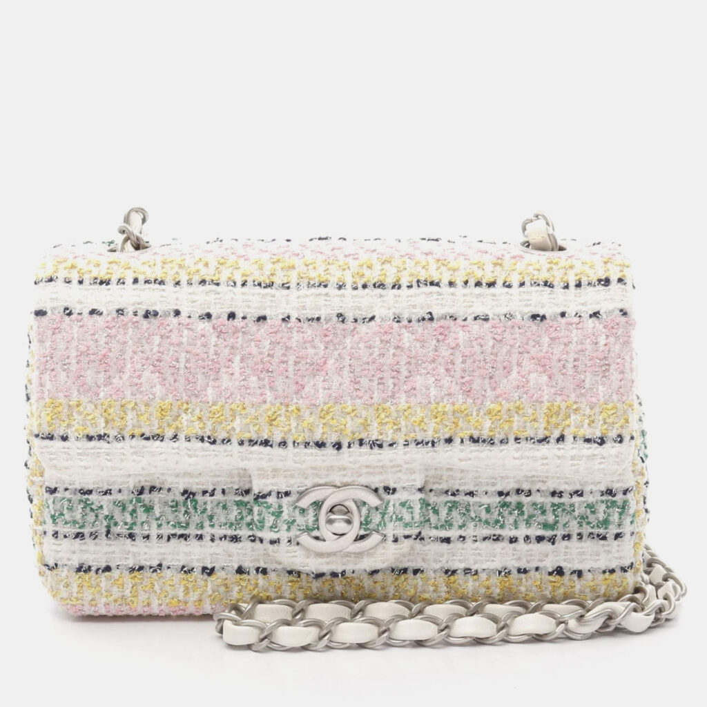 Chanel Matelasse Single Flap Chain Shoulder Bag Fabric White Multicolor Shw Chanel Matelasse Single Flap Chain Shoulder Bag Fabric White Multicolor Shw