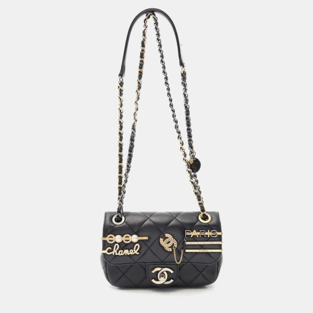 Chanel Matelasse Chain Shoulder Bag Lamb Sheep Leather Black Chanel Matelasse Chain Shoulder Bag Lamb Sheep Leather Black