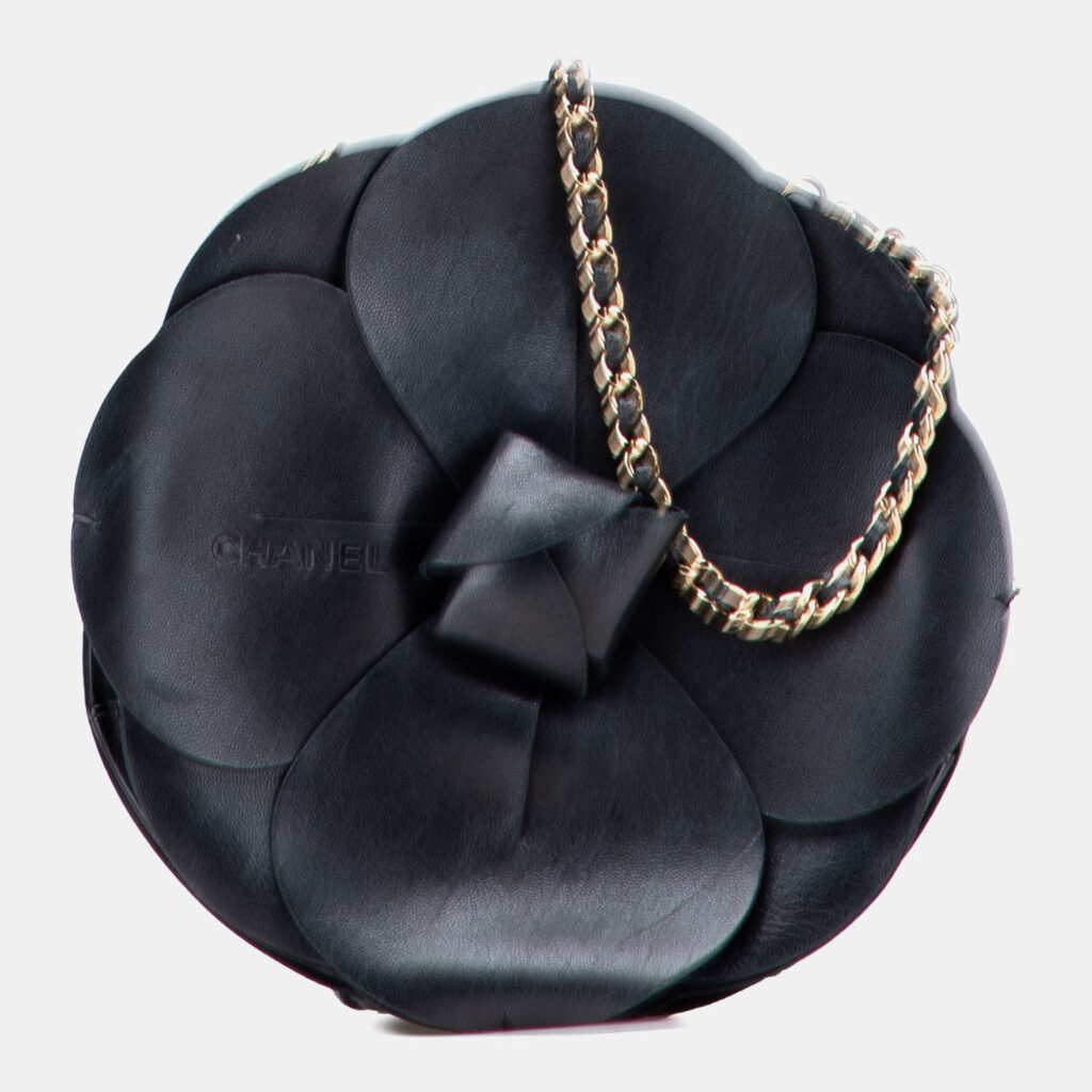 Chanel Black Lambskin and Satin Camellia Flower Evening Bag