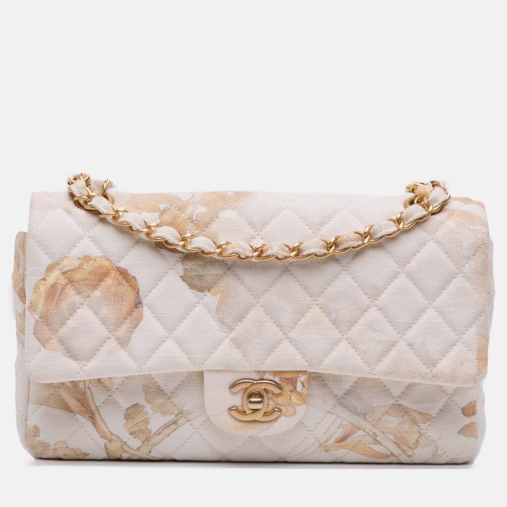 Chanel Beige Medium Classic Printed Denim Floral Double Flap Chanel Beige Medium Classic Printed Denim Floral Double Flap