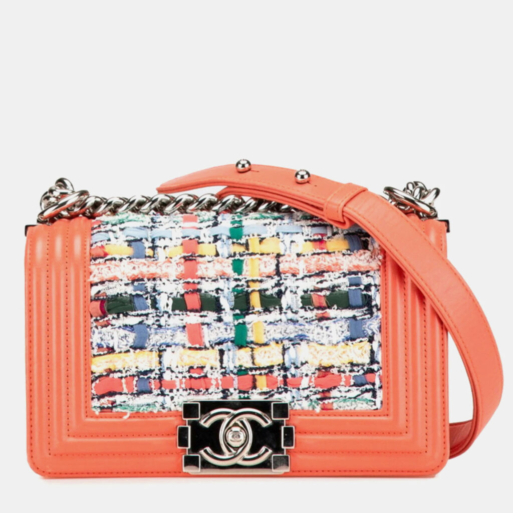 Chanel Boy Coral Orange Multicolor Tweed and Leather Shoulder Bag Chanel Boy Coral Orange Multicolor Tweed and Leather Shoulder Bag