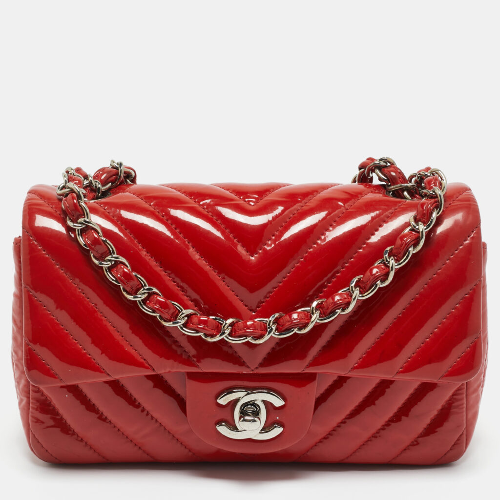 Chanel Red Chevron Patent Leather New Mini Classic Flap Bag Chanel Red Chevron Patent Leather New Mini Classic Flap Bag
