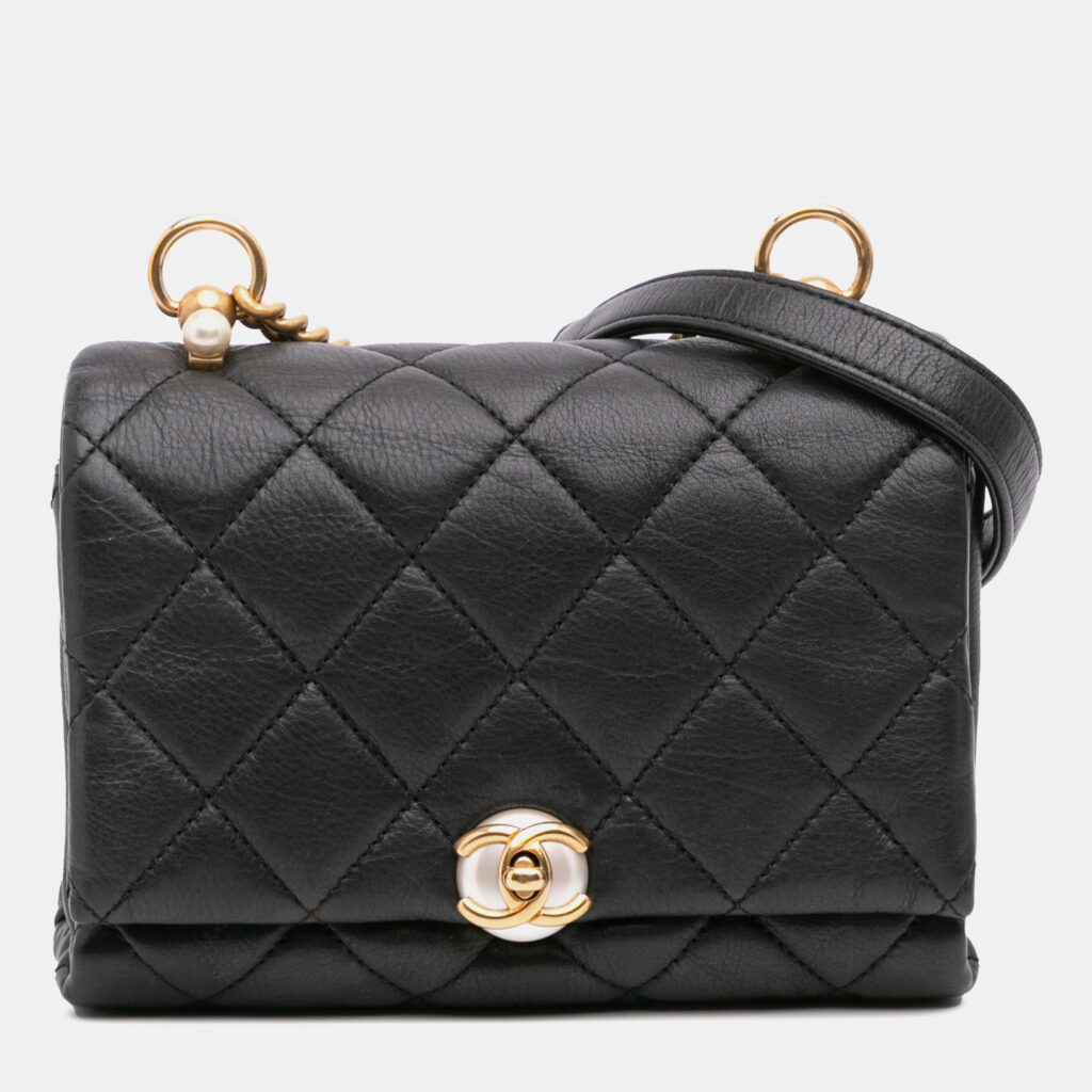 Chanel Black Mini Quilted Calfskin Pearl CC Accordion Flap Chanel Black Mini Quilted Calfskin Pearl CC Accordion Flap