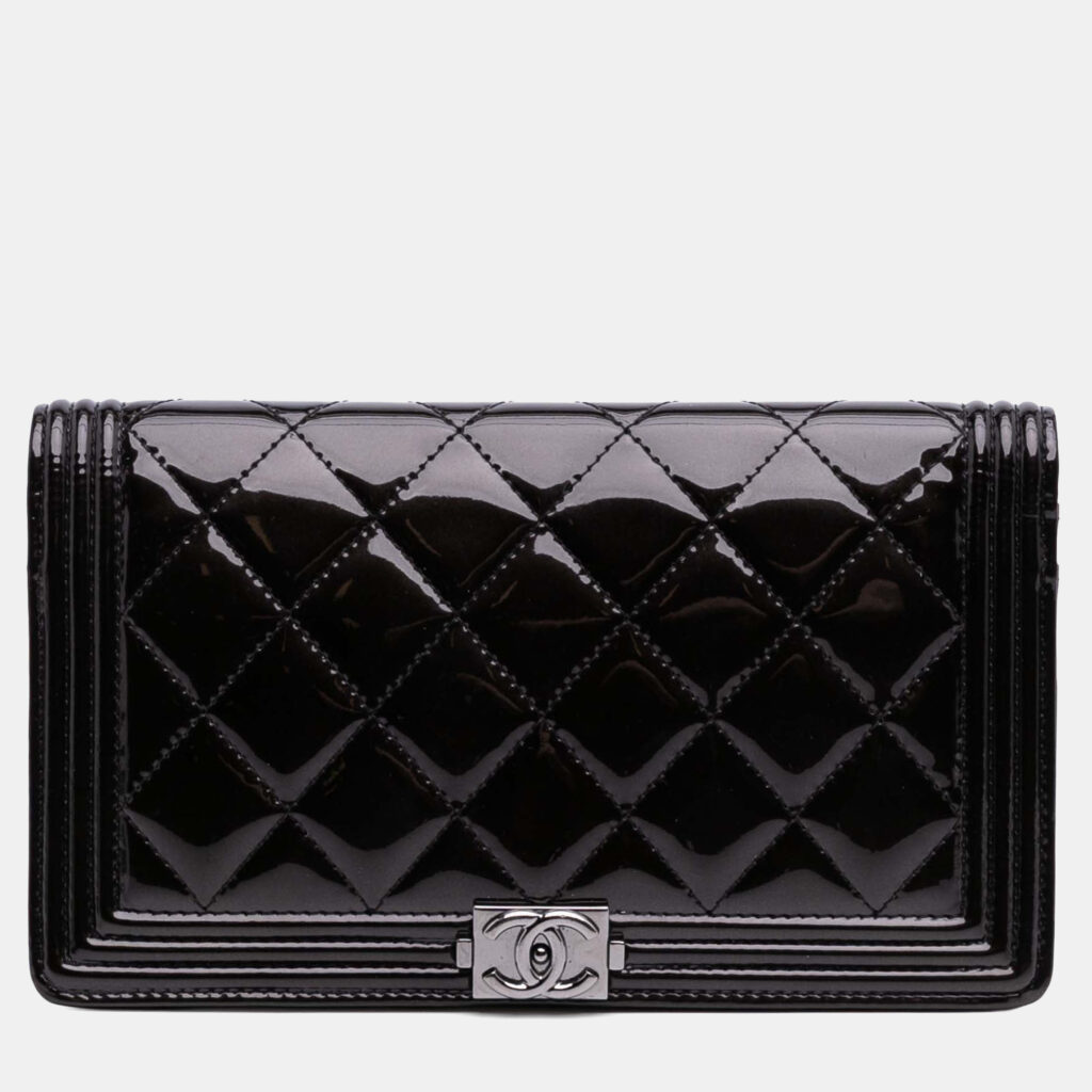 Chanel Boy Quilted Black Patent Leather Long Wallet Chanel Boy Quilted Black Patent Leather Long Wallet