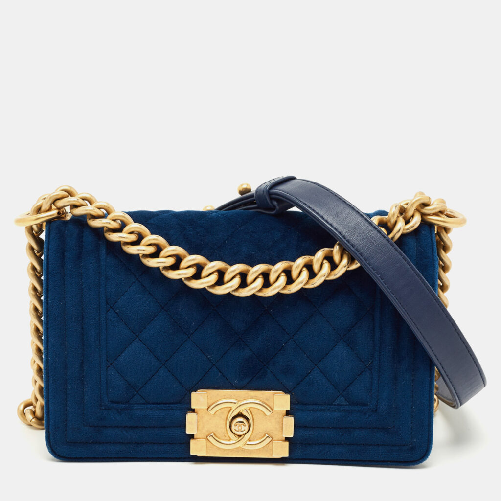 Chanel Blue Quilted Velvet Small Boy Flap Bag Chanel Blue Quilted Velvet Small Boy Flap Bag