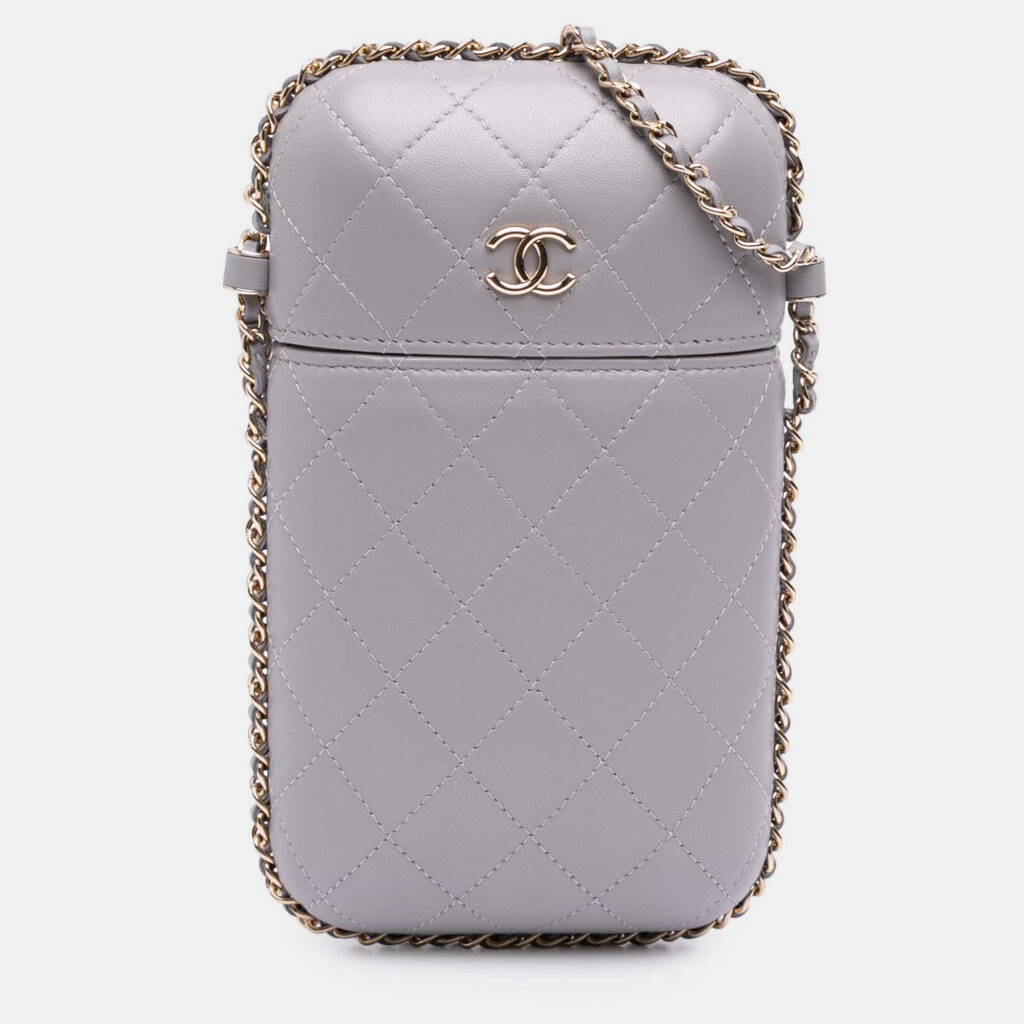 Chanel Grey CC Quilted Lambskin Chain Around Phone Holder Chanel Grey CC Quilted Lambskin Chain Around Phone Holder