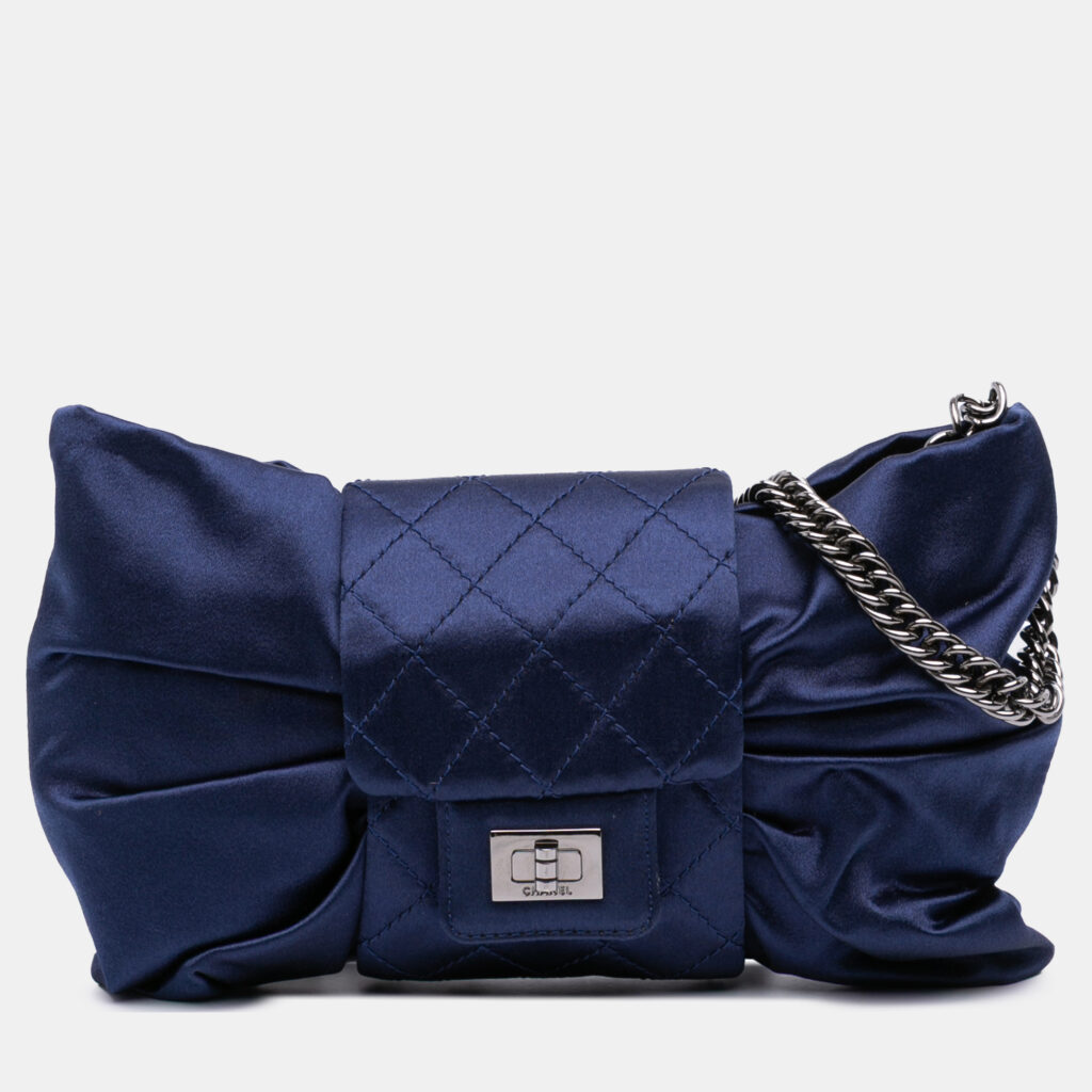 Chanel Blue CC Satin Bow Clutch with Chain Chanel Blue CC Satin Bow Clutch with Chain