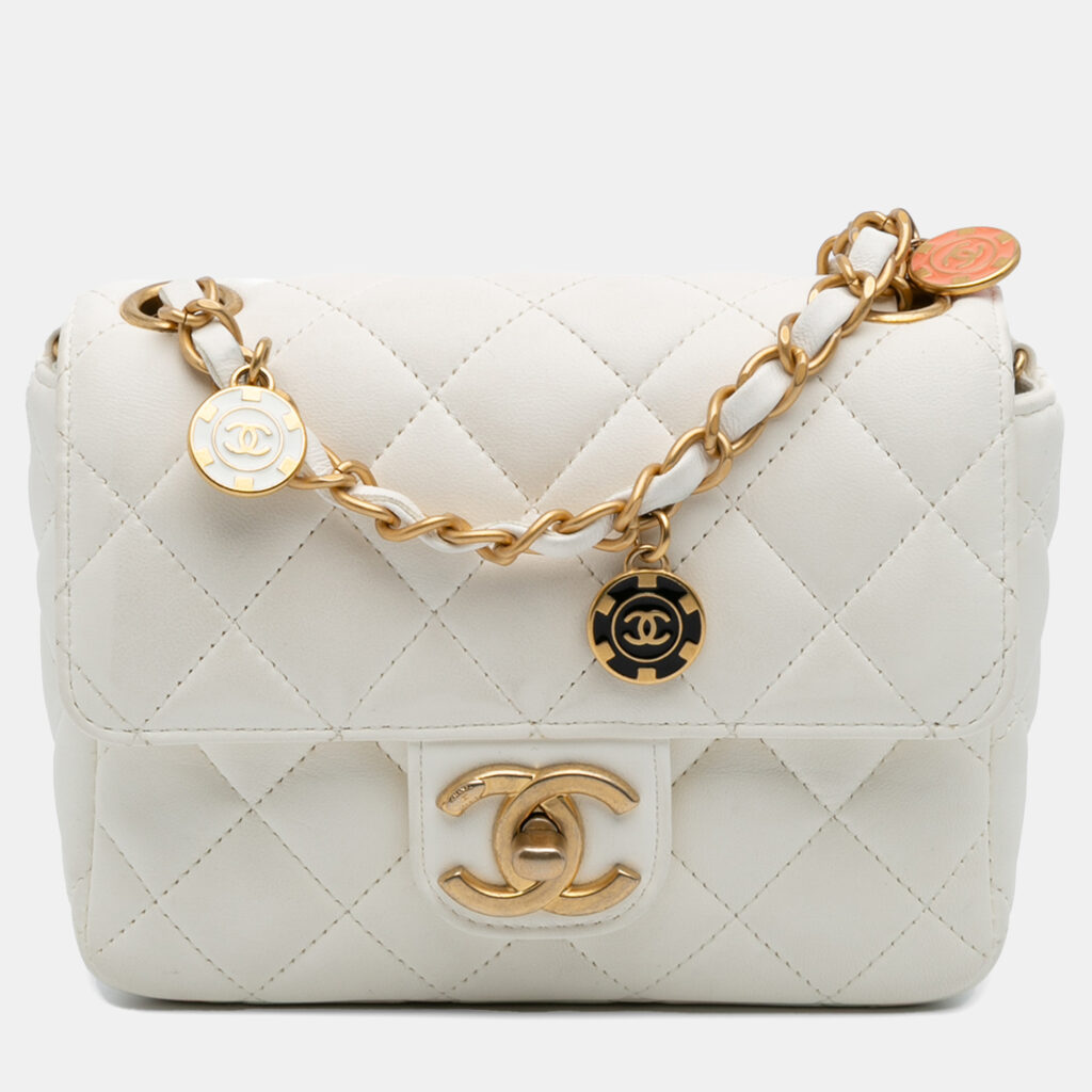 Chanel White Mini Square Classic Lambskin Casino Royale Charms Single Flap Chanel White Mini Square Classic Lambskin Casino Royale Charms Single Flap
