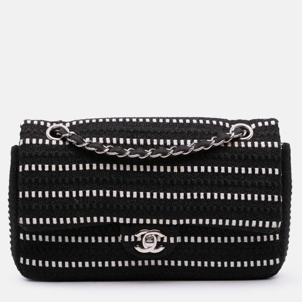 Chanel Black Medium Classic Tweed Striped Ribbon Double Flap