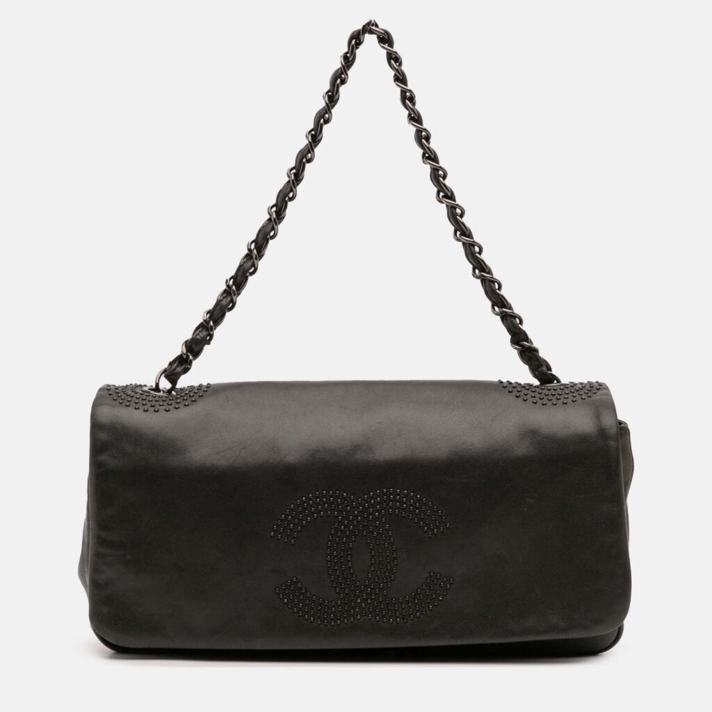 Chanel Black CC Studded Lambskin East West Flap Chanel Black CC Studded Lambskin East West Flap