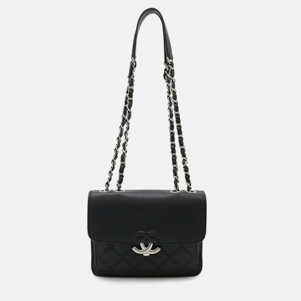 Chanel Half Coco Mark Double Chain Black Leather Shoulder Bag Chanel Half Coco Mark Double Chain Black Leather Shoulder Bag