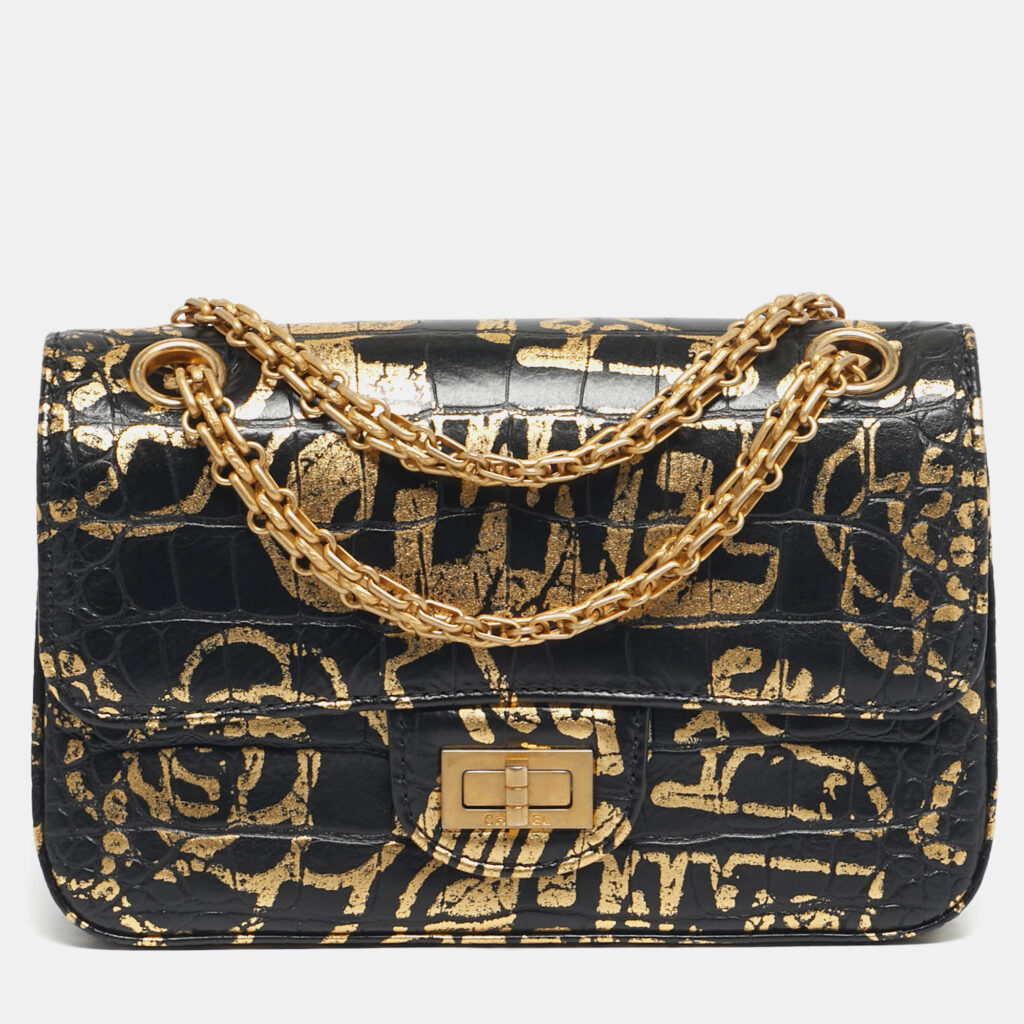 Chanel Black/Gold Graffiti Croc Embossed Leather Mini Reissue 2.55 Flap Bag Chanel Black/Gold Graffiti Croc Embossed Leather Mini Reissue 2.55 Flap Bag