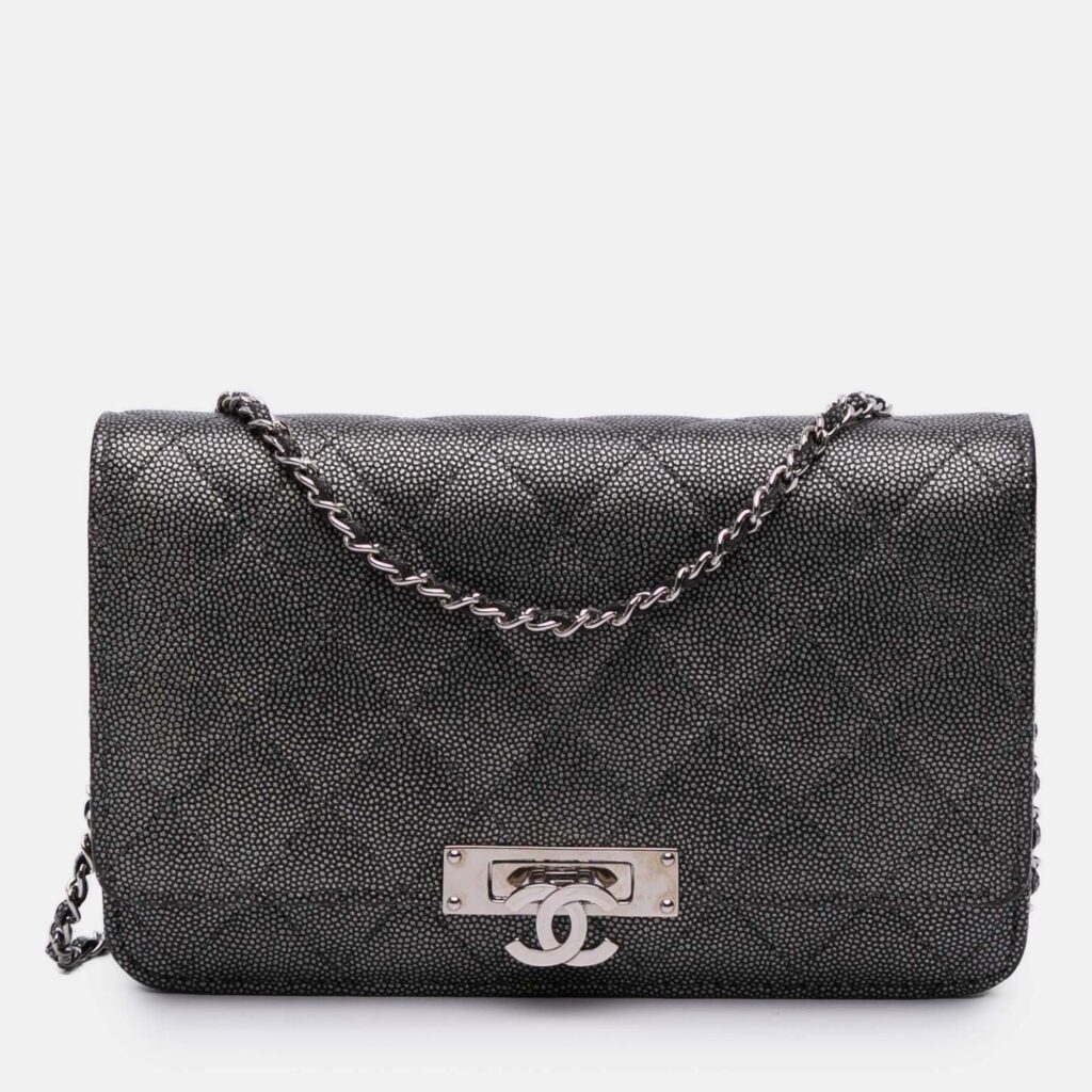 Chanel Black Quilted Metallic Caviar Golden Class Wallet On Chain