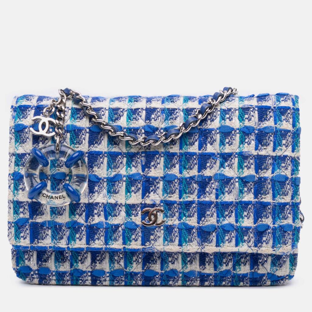 Chanel Blue Quilted Boucle Tweed Charm Wallet On Chain