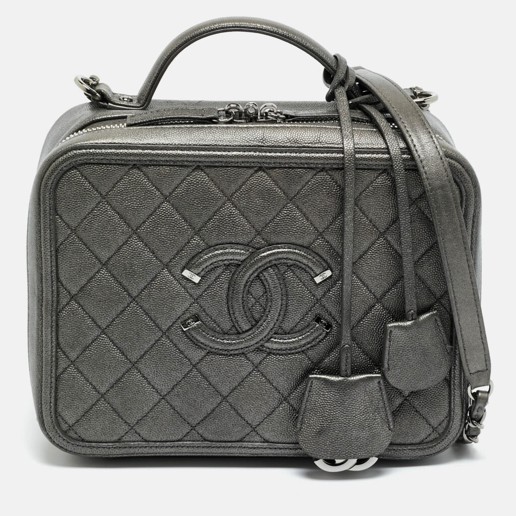 Chanel Grey Quilted Caviar Leather Large Filigree Vanity Bag