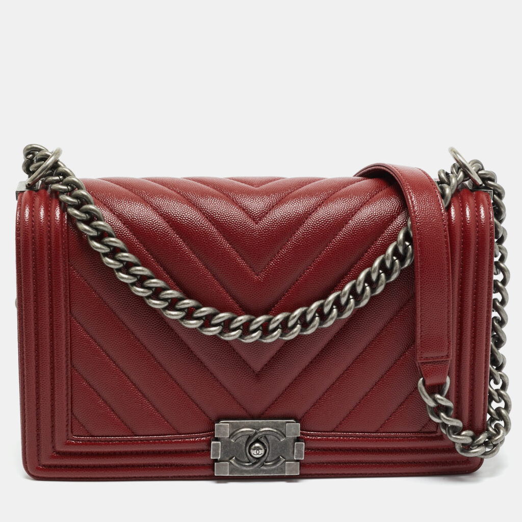 Chanel Red Chevron Caviar Leather New Medium Boy Flap Bag