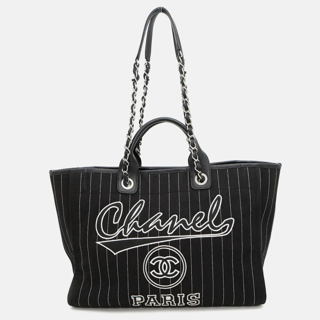 Chanel Deauville MM Black White Canvas Leather Tote Bag