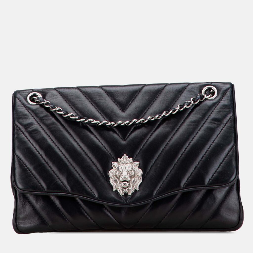 Chanel Black Jumbo Chevron Lambskin Leo Lion Flap Chanel Black Jumbo Chevron Lambskin Leo Lion Flap