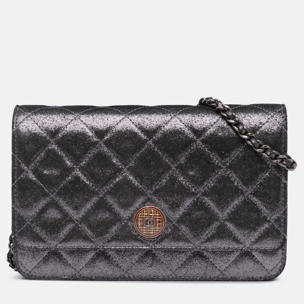 Chanel Silver Quilted Iridescent Lambskin Tartan Button Wallet On Chain Chanel Silver Quilted Iridescent Lambskin Tartan Button Wallet On Chain