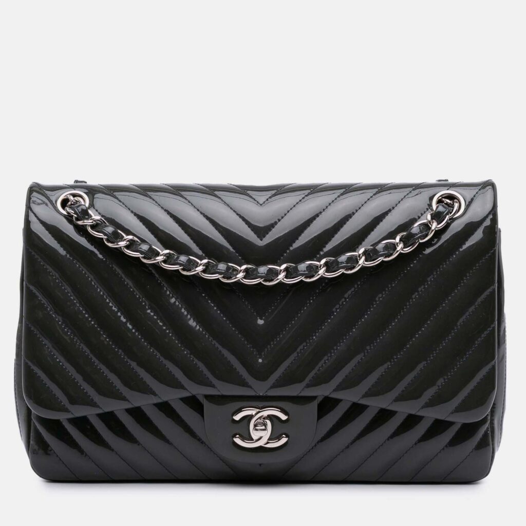 Chanel Navy Blue Jumbo Classic Chevron Patent Double Flap Chanel Navy Blue Jumbo Classic Chevron Patent Double Flap