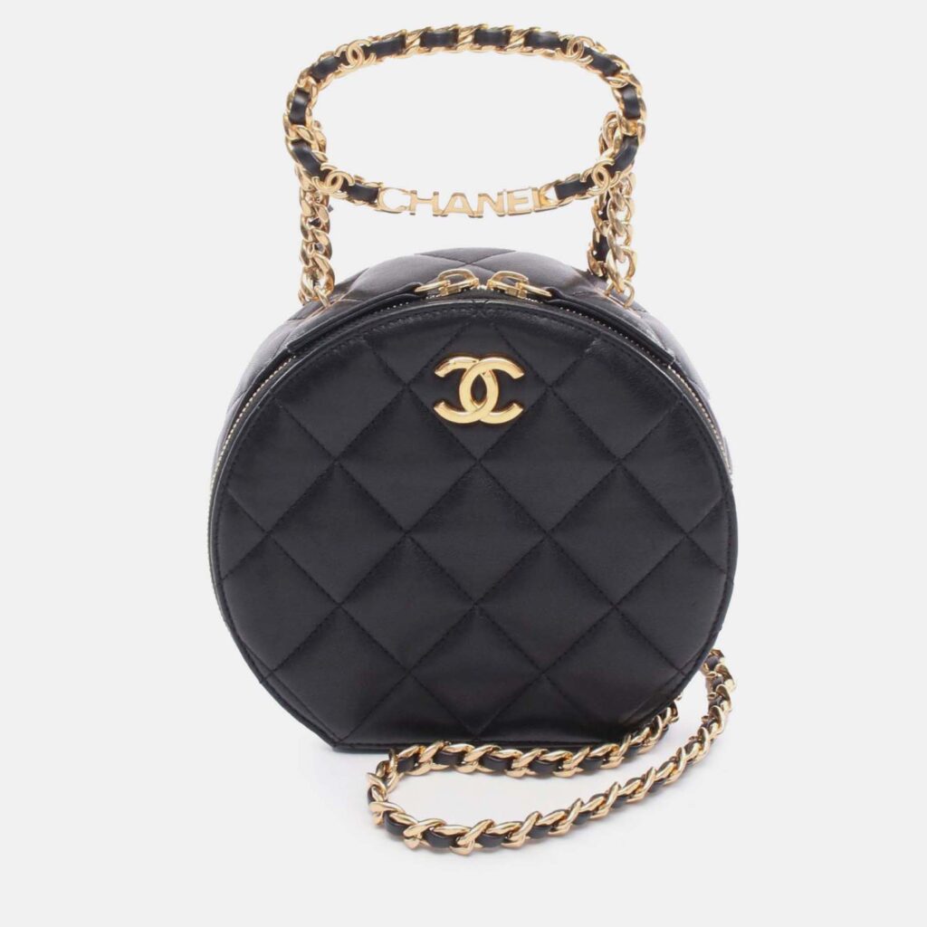 Chanel Black Quilted Lambskin Oval Logo Chain Top Handle Round Clutch on Chain Chanel Black Quilted Lambskin Oval Logo Chain Top Handle Round Clutch on Chain