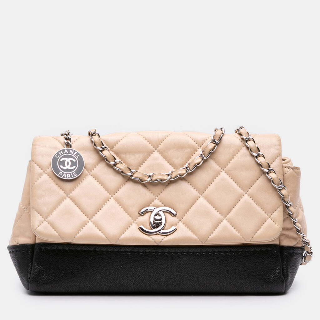 Chanel Beige Black CC Bicolor Quilted Calfskin and Caviar Single Flap Chanel Beige Black CC Bicolor Quilted Calfskin and Caviar Single Flap