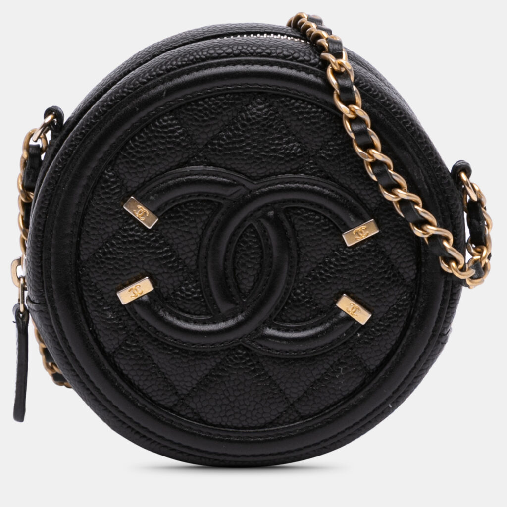 Chanel Black Caviar CC Filigree Round Clutch with Chain Chanel Black Caviar CC Filigree Round Clutch with Chain