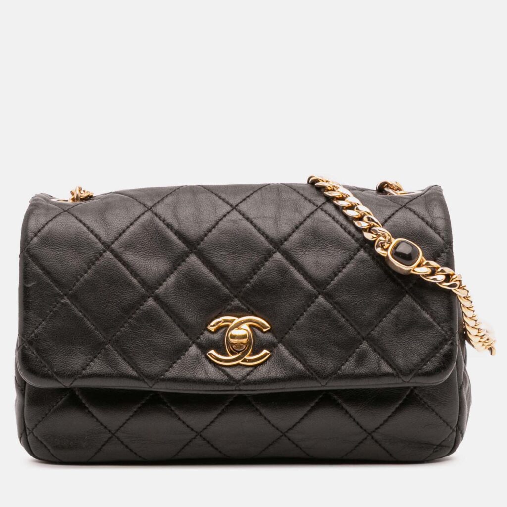 Chanel Black Small Quilted Lambskin Resin Pearl Chain Flap