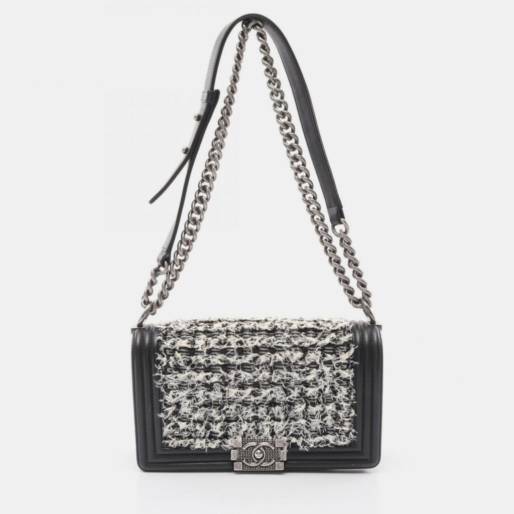 Chanel Boy Black White Leather and Fabric Shoulder Bag Chanel Boy Black White Leather and Fabric Shoulder Bag
